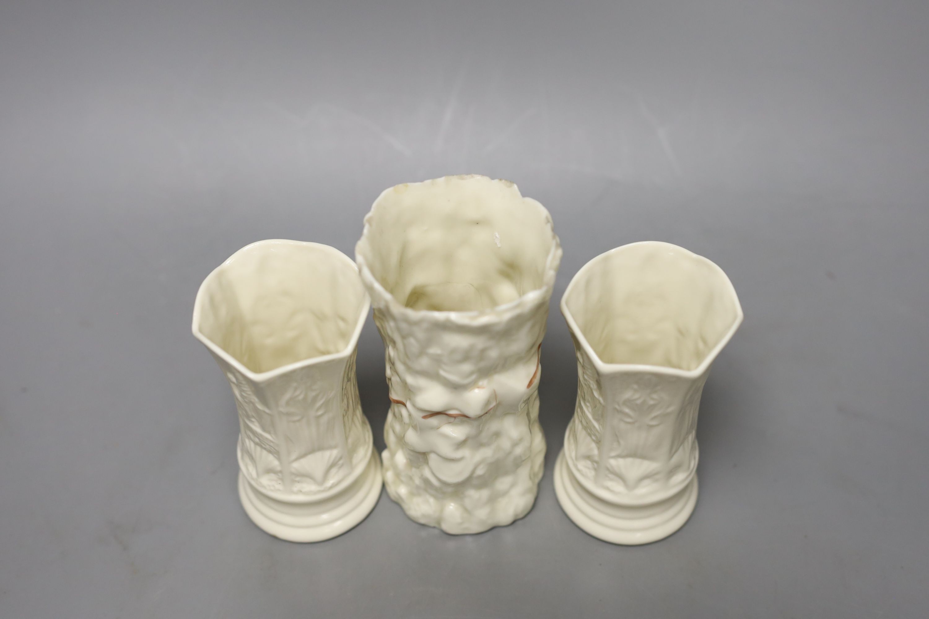 Three Belleek spill vases, tallest 12.5cm
